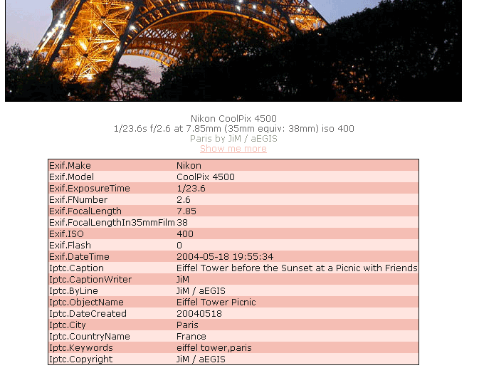 Screenshot when displaying EXIF/IPTC